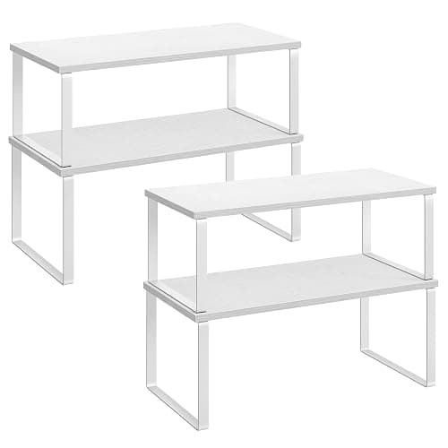SONGMICS Organizzatori da Cucina, Set di 4 Scaffali da Banco, Portaoggetti per Armadietto, Impilabile, Espandibile, Metallo e Legno Ingegnerizzato, Bianco Nuvola e Bianco Neve KCS028W01 - Image 1