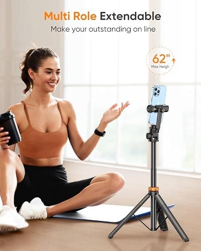 EUCOS 62" Phone Tripod, Tripod for iPhone & Selfie Stick with Remote, Extendable Cell Phone Stand & Travel Tripod, Solidest Tripod for Phone Compatible with iPhone/Android thumbnail 3