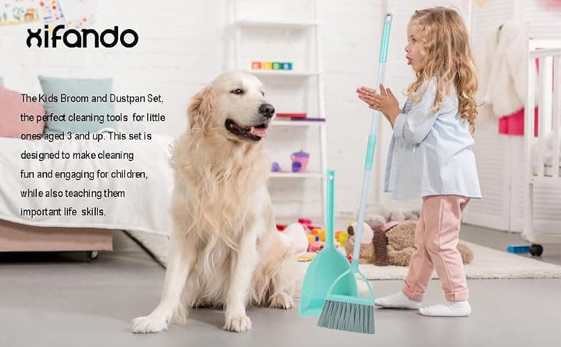 Xifando Mini Broom with Dustpan for Kids,Little Housekeeping Helper Set (Light Blue) thumbnail 3