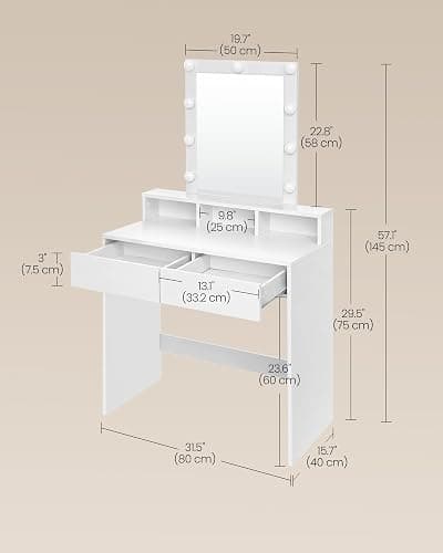 VASAGLE Dressing Table, LED Lights with Adjustable Brightness, Vanity Table with Mirror, 2 Drawers and 3 Compartments, Makeup Desk, Modern, KAILYN Collection Cloud White RDT194T14 thumbnail 2