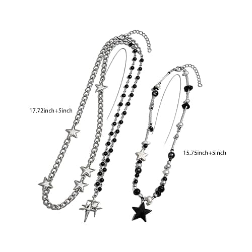 5PCS Retro-Inspired Dark Style Necklace Set for Women Men, Star Cross Pendant Silver Tone Beaded Chain Necklaces, Grunge Alternative Accessories Edgy Punk Jewelry Aesthetic Cool Stuff for Gifts thumbnail 2