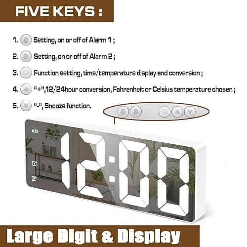 Königswerk Small Digital Alarm Clock, Mirror Surface LED Electronic Clocks with Large Display, Adjustable Brightness and Snooze Model for Bedroom, Desk, Office, White Digit thumbnail 6