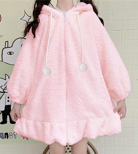 BZB Kawaii Anime Bunny Ear Hoodies For Women Sweet Lovely Fuzzy Fluffy Rabbit Sweater Tops Cosplay Jacket Coats thumbnail 2