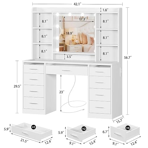 FINOESO Large Vanity Desk with Mirror and Lights, 3-Color LED, Makeup Vanity with Clear Glass Top & RGB Light, Vanity Table with 9 Drawers, 6 Open Shelves and Power Outlet, White Vanity for Bedroom thumbnail 2