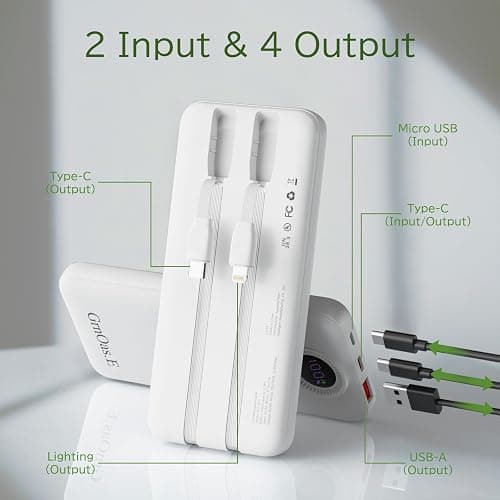 GrnOas.E Portable Charger with Built in Cables，10000mAh 22.5W Max High-Speed Charging Power Bank with 4 Outputs 2 Inputs,External Travel Battery Pack for iPhones Android,iPad (Pearl White) thumbnail 2