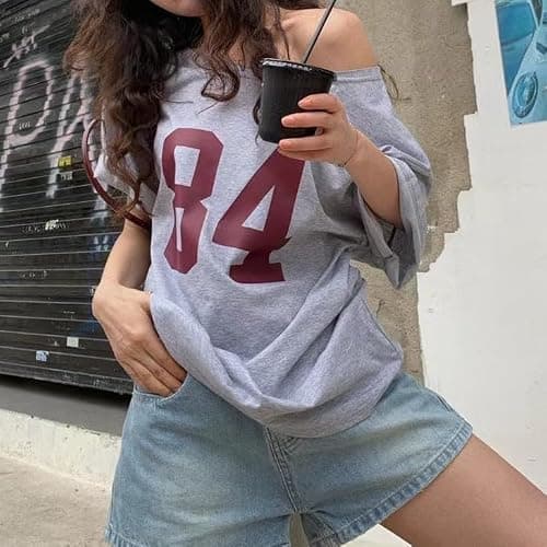Pinclodly Off The Shoulder Tops for Women Short Sleeve Y2K Jersey Number Graphic Oversized Tshirts E-Girl Tees thumbnail 2