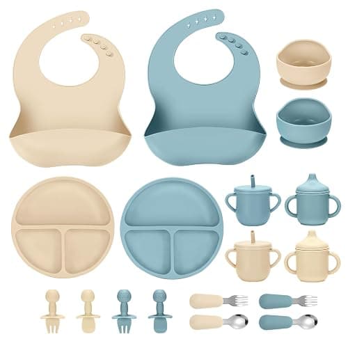 JELLDJK Silicone Baby Feeding Set, 18PCS Baby Led Weaning Supplies | Eating Essentials Utensils with Suction Plate and Bowl, Adjustable Silicone Bib, for 6+ Months (Blue+Beige) - Image 1