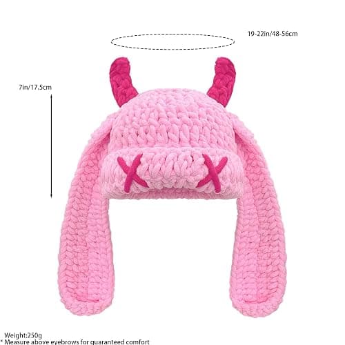 Bunny Chunky Beanie with Devil Horns Cute Chenille Crochet Hat with Long Floppy Ears Pastel Goth Rabbit Winter Skull Cap thumbnail 2