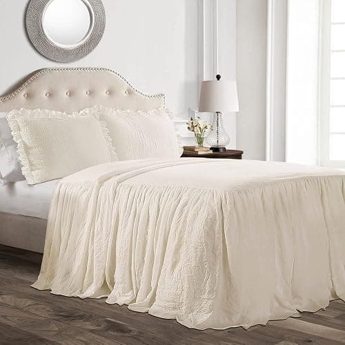 Lush Decor Ruffle Skirt Bedspread Set - 3 Piece Luxurious Farmhouse Bedding Set - Elegant, Charming Ruffle Detail - Timeless Style & Classic Design - Soft and Lightweight - King, White - White - King thumbnail 5