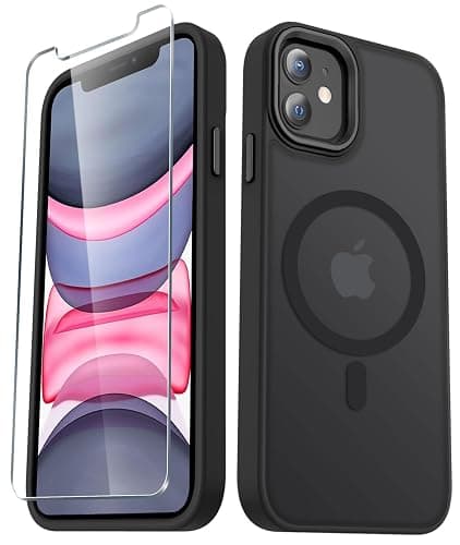 YENAPOON for iPhone 12 Case, iPhone 12 Pro Case, with 1 Screen Protector, Matte Magnetic Slim Phone Cover, Support for Magsafe, Shockproof Protection Translucent Frosted Back,Black - Image 1
