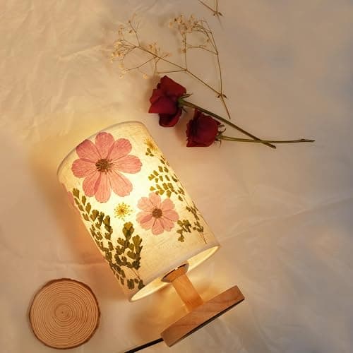 Floresita Dried Flowers Small Table Lamp 9W LED Dimmable Warm Light Pressed Flower Bedside Lamp Linen Shade with Wood Base for Bedroom Living Room Desk Nursery thumbnail 7