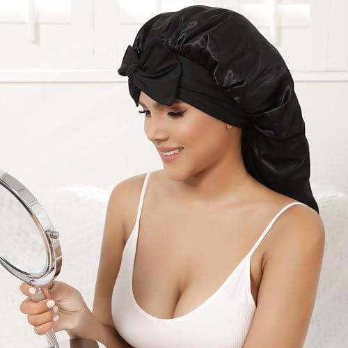 AWAYTR Long Satin Bonnet for Women - Double Layer Elastic Silk Bonnet for Braids Hair Sleeping Cap with Tie Band (Black) thumbnail 6