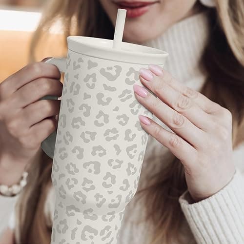 SANDJEST Leopard Tumbler with Handle, Insulated Cup Stainless Steel Travel Mug Cup, Gifts for Women Girl on Birthday Christmas, Cream Leopard, 40oz thumbnail 8