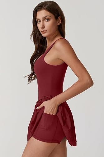 QINSEN Womens Square Neck Tennis Dress Pleated Sleeveless Built in Shorts Golf Athletic Dress with Pockets thumbnail 4