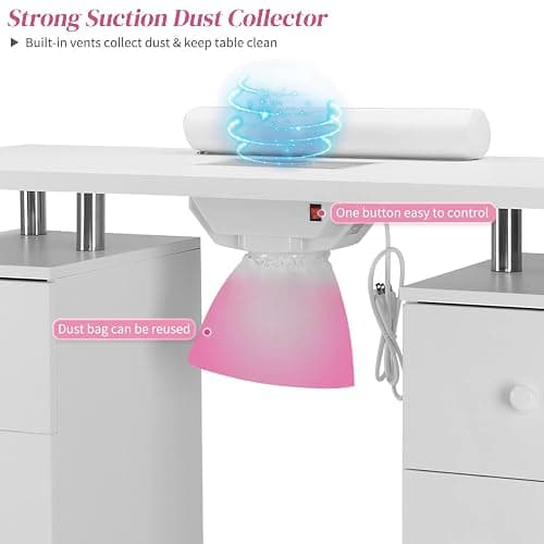 OmySalon Manicure Table Nail Desk for Nail Tech, Nail Table Beauty Salon Station w/Electric Dust Collector Acetone Resistant w/Lockable Wheel,Arm Rest thumbnail 4
