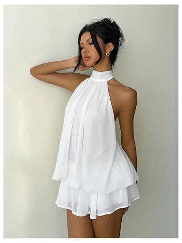 Verdusa Women's Chiffon Halter Drop Waist Wedding Guest Dresses Ruffle Summer Loose Fit Mini Dress Brunch Outfits thumbnail 5