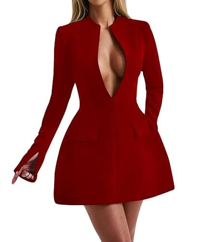 LuFeng Women's Long Sleeve Sexy Deep V Neck Zipper A-line Mini Dress Hollow Bodycon Night Out Party Dress - Image 1
