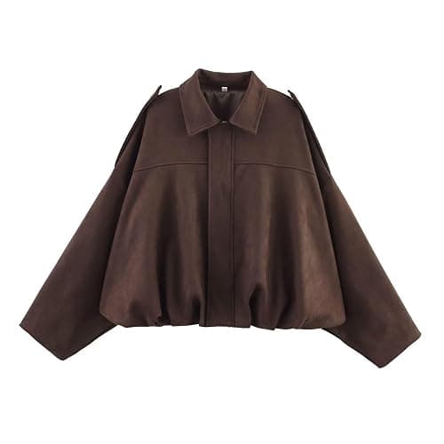 Xunger Women's Faux Suede Bomber Jacket Spring Lapel Pilot Coat Casual Oversized Long Sleeves Trendy Streetwear Outerwear - Image 1