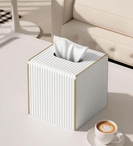 Tissue Box Cover Square with Magnetic Closure, PU Leather Tissue Box Holder with Gold-Tone Edging for Bathroom Vanity Countertop Night Stands Bedroom Office Desk, Modern Home Decor (Cream White) thumbnail 7