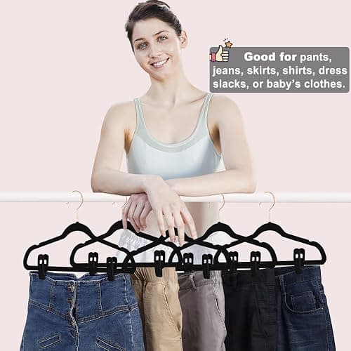 TOFIIGREM Black Velvet Hangers Clips 20 PCS, Non-Slip Velvet Clips for Suit Pant Skirt Hanger, Strong Finger Clips Perfect for Thin Flocking Hangers - 20pc - Black thumbnail 4