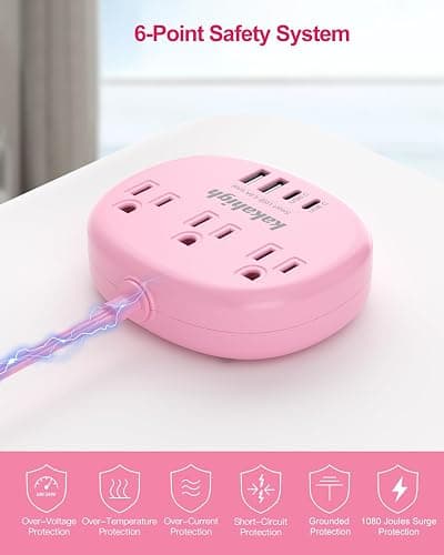 Pink Extension Cord with Surge Protected 1080J - 5 FT Kawaii Power Strip, 1625W Cute Extension Cord with 3 AC Outlet 4 USB (24W/4.8A), Compact for Cute Pink Kawaii Desk Home Essentials thumbnail 8