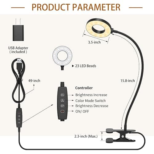 iZELL Desk Lamp, LED Reading Light with Clamp, 3 Color Modes & 10 Brightness Silicone Flexible Arm Book Light for Kids Reading Book in Bed at Night Clip on Table, Zoom Meetings - 15.8'' Black thumbnail 7