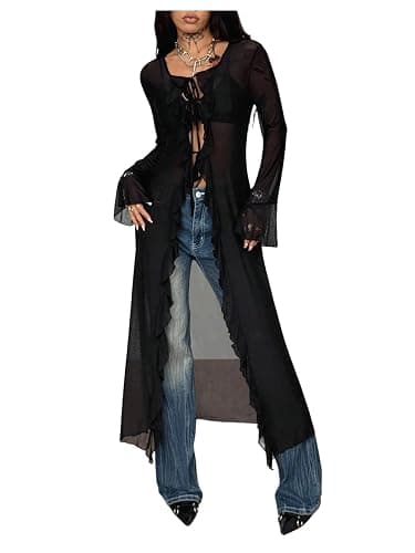 SweatyRocks Women's Sheer Mesh Y2K Tie Front Tops Bell Sleeve See Through Going Out Tops Party Outfits - Image 1