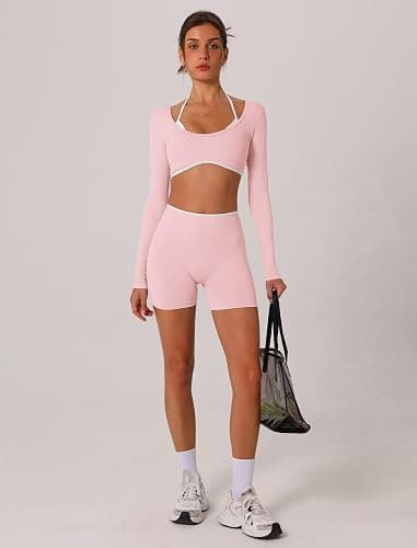 ABOCIW Workout Sets for Women 2 Piece Seamless Color Block Long Sleeve Crop Top Scrunch Butt High Waist Shorts Gym Set thumbnail 6