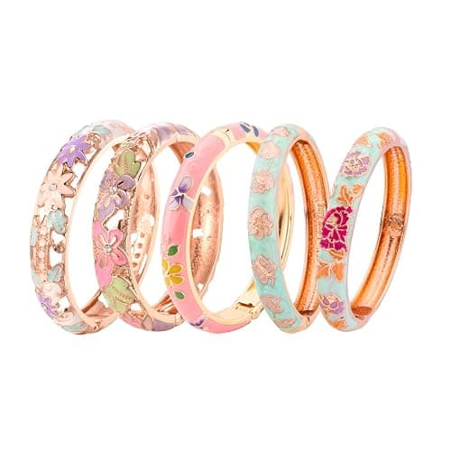 UJOY Bangles 5 Pcs Enamel Jewelry Set Rose Flower Engraved Cloisonne Bracelets Pack in a Box 5PCS - Image 1