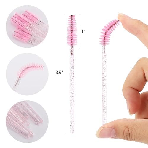 Tbestmax 50 Pcs Disposable Mascara Wands, Crystal Eyebrow Spoolies Brush for Eyelash Extensions, Pink Eye Lash and Makeup Brush thumbnail 2