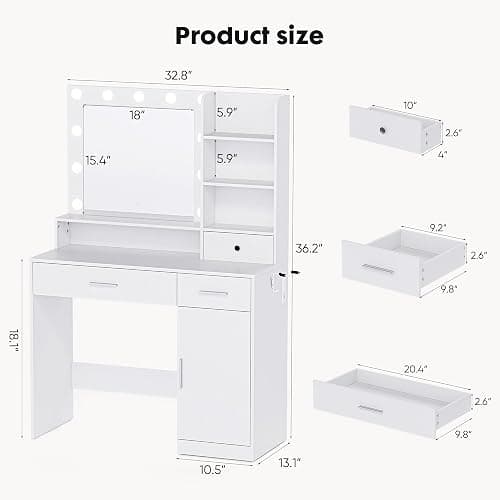 Sweetcrispy Vanity Desk with Adjustable Lighten Mirror & Power Outlet, Makeup Desk for Bedroom with a Storage Cabinet and 3 Drawers, 4 Storage Shelves, White Dresser for Girls - White - 39.37"W thumbnail 3