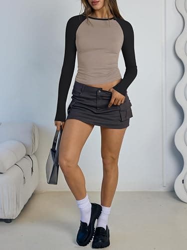 Trendy Queen Women's Long Sleeve Shirts Slim Fit Stretchy Color Block Slightly Cropped Tops thumbnail 6