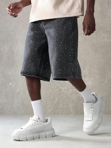 Jilwod Men's Baggy Jean Shorts Black Rhinestone Embroidered Jorts Loose Fit Denim Shorts Crystal Studs Casual Streetwear thumbnail 2