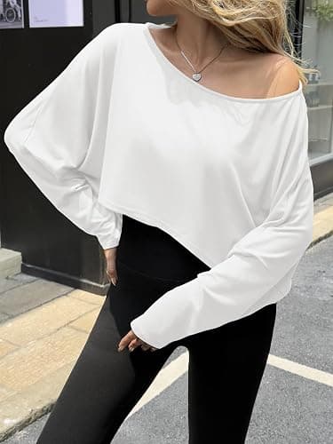 Fisoew Womens Off The Shoulder Cropped Tops Batwing Long Sleeve Loose Fit Summer Boat Neck Workout T Shirts thumbnail 2