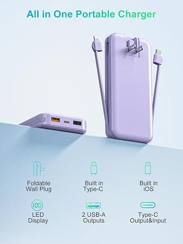 citicr Portable Charger 10000mAh PD20W w/Built-in Cables & Wall Plug Purple | Fast charging, Built-in wall plug, LED display, Charge 5 devices at once, Pass through charging, TSA approved, Pocket size thumbnail 9