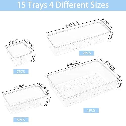 Manalete Drawer Organizers Set of 15, 4 Sizes Clear Plastic Drawer Organizers and Storage Bins for Kitchen, Bathroom, Office, Dresser Desk Drawer Organizer Tray for Jewelry, Makeup, Junk, Gadgets thumbnail 3