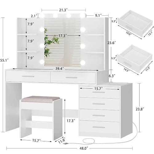 Quimoo 48" Large Vanity Desk with Mirror & Lights, Makeup Vanity Table with 6 Drawers & Power Outlet, 4 Open Storage Shelves, Vanity Desk Set with Stool, for Women Girls, White thumbnail 2