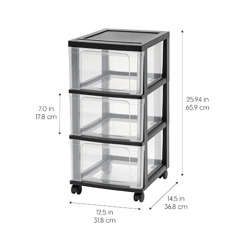 IRIS USA Plastic 3-Drawer Storage Organizer Rolling Cart, with Wheels Casters, 2-Pack, for Classroom Art Supplies Dresser Closet Bathroom Dorm Bedroom Laundry Room, Slim Narrow, Black/Clear - 3 Drawer w/Wheels - Black thumbnail 3