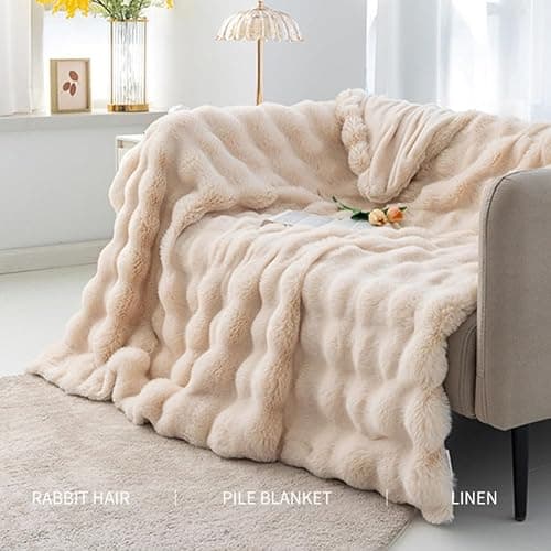 ENEN Super Ultra Soft Fleece Blanket Throw Bubble Plush Blanket Fluffy Warm Microfiber Travel Blanket for Bed Sofa Lightweight Throw Fit All Season (130x160cm,Beige) thumbnail 4