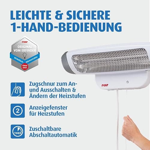 reer Wickeltischstrahler FeelWell 2in1, Standheizstrahler und Wandmontage, 2 Heizstufen, Timer, Kippsicherung, geprüft nach Medizinstandard, Weiß, aus Metall thumbnail 8