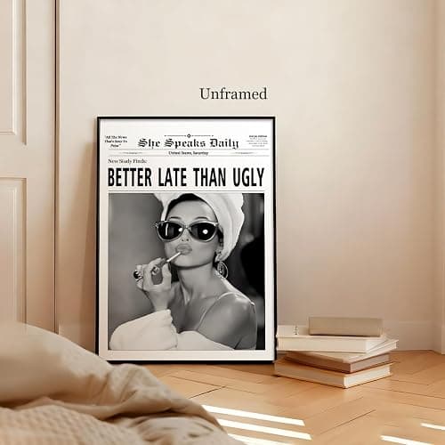 Better Late Than Ugly Canvas Wall Art, Trendy Black and White Newspaper Poster Print, Funny Women Empowerment Feminism Wall Decor, Preppy Girls Beauty Room Makeup Room Picture 12x16in Unframed thumbnail 3