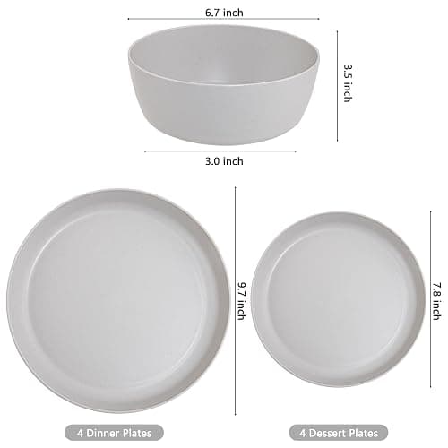 EI 12pcs Wheat Straw Dinnerware Set of 4,Plastic Plates Reuasble Unbreakable,Plastic Plates and Bowls Sets for Camping,Picninc,Family Dinner thumbnail 3