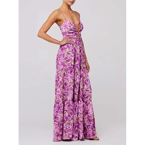 ABYOVRT Women Floral Maxi Dress Tie Front Cut Out Backless Boho Spaghetti Strap Summer Beach Sundress thumbnail 5
