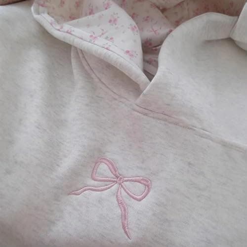 Women Bow Embroidery Hoodie Teen Girls Cute Graphic Hooded Loose Preppy Y2K Long Sleeve Pullover Hoodie Tops - Small - Pink thumbnail 3