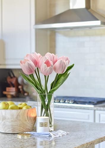 Briful Fake Flowers Artificial Tulip Flower Pink in Clear Vase, Real Touch Foam Tulip Arrangement Suitable for Home Office Decoration, Dining Table Centerpiece thumbnail 4