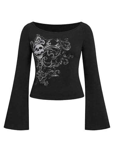 SOLY HUX Women's Plus Size Tops Y2k Gothic Graphic Tees Skull Print Scoop Neck Bell Long Sleeve T Shirt - Image 1