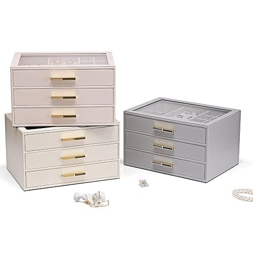 Vlando Jewelry Box with Glass Lid,Jewelry Organizer with 3 Drawers,3-Layer Jewelry Box for Women Girls,Mothers Day Gifts for Women,Beige thumbnail 6