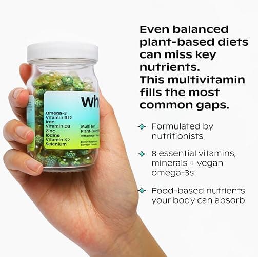 wholier Multi for Plant Based People, Multivitamin for Men & Women, Omega 3 DHA + EPA, Vitamin B12, D3, Iron, Iodine, Zinc, Selenium, K2 for Overall Wellness Support, Vegan, Gluten Free, 60 Capsules thumbnail 2
