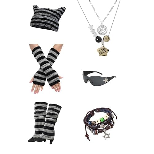 6PCS Therian Stuff,Y2k Jewelry Set with Grunge Necklace,Fingerless Gloves,Knitted Emo Beanie, Bracelet,Glasses,Leg Warmers - Image 1