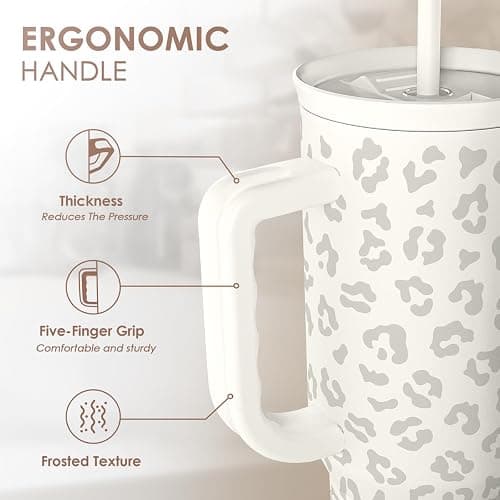 SANDJEST Leopard Tumbler with Handle, Insulated Cup Stainless Steel Travel Mug Cup, Gifts for Women Girl on Birthday Christmas, Cream Leopard, 40oz thumbnail 4